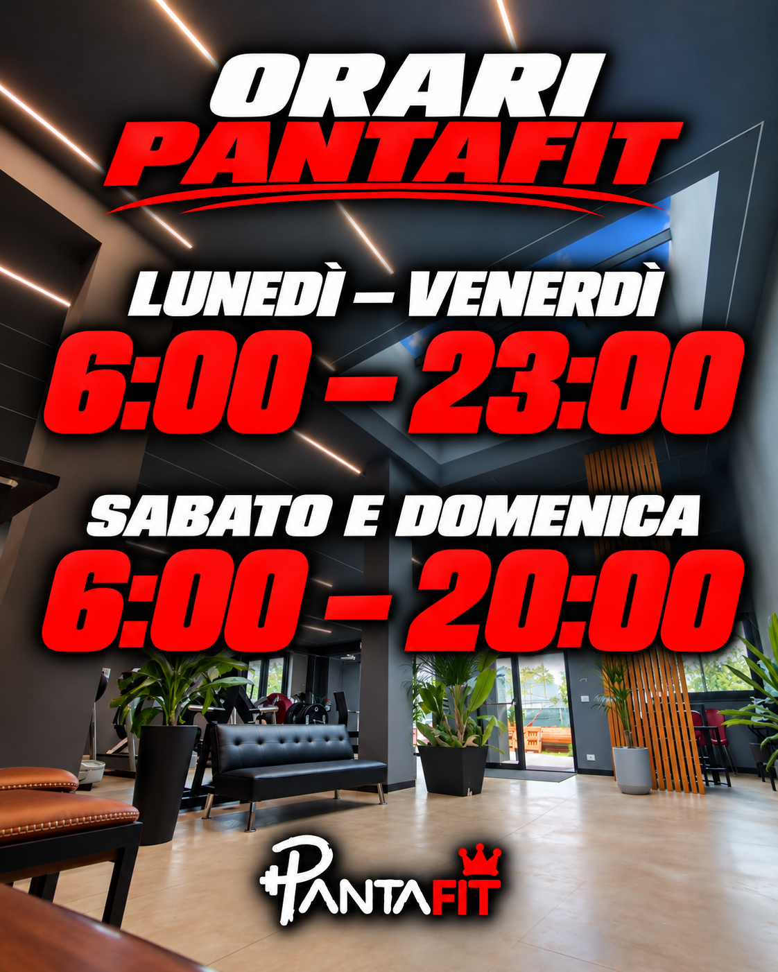 Orari Pantafit Bellino Avola: lunedì-venerdì 6:00-23:00, sabato e domenica 6:00-20:00